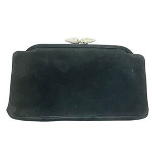 Vintage Dofan Handbag Black Suede-Like Clutch Rhinestone KISS Lock Clasp